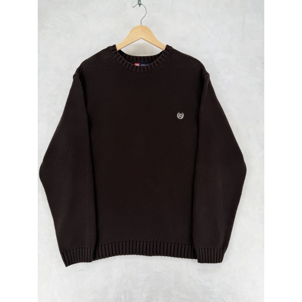 Vintage CHAPS Men's XL Brown 100% Cotton Rib Knit Crewneck Sweater Hong Kong